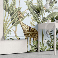 Tapet personalizat jungla amazoniana cu pentru copii palmieri bananieri plante tropicale si animale exotice printre care zebre leoparzi elefanti maimute jungle landscape