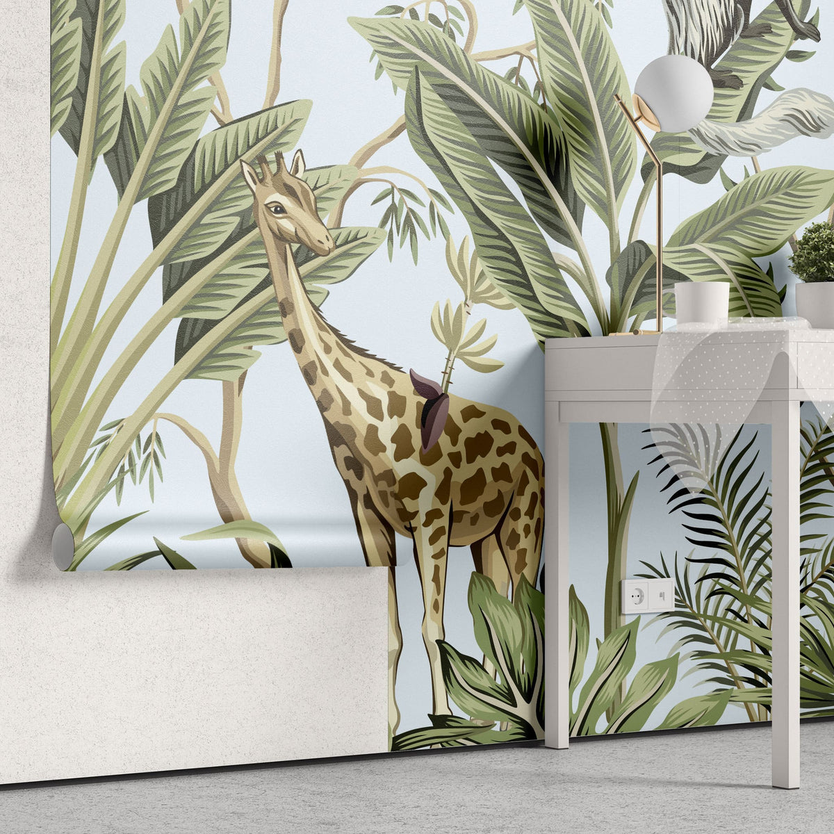 Tapet personalizat jungla amazoniana cu pentru copii palmieri bananieri plante tropicale si animale exotice printre care zebre leoparzi elefanti maimute jungle landscape