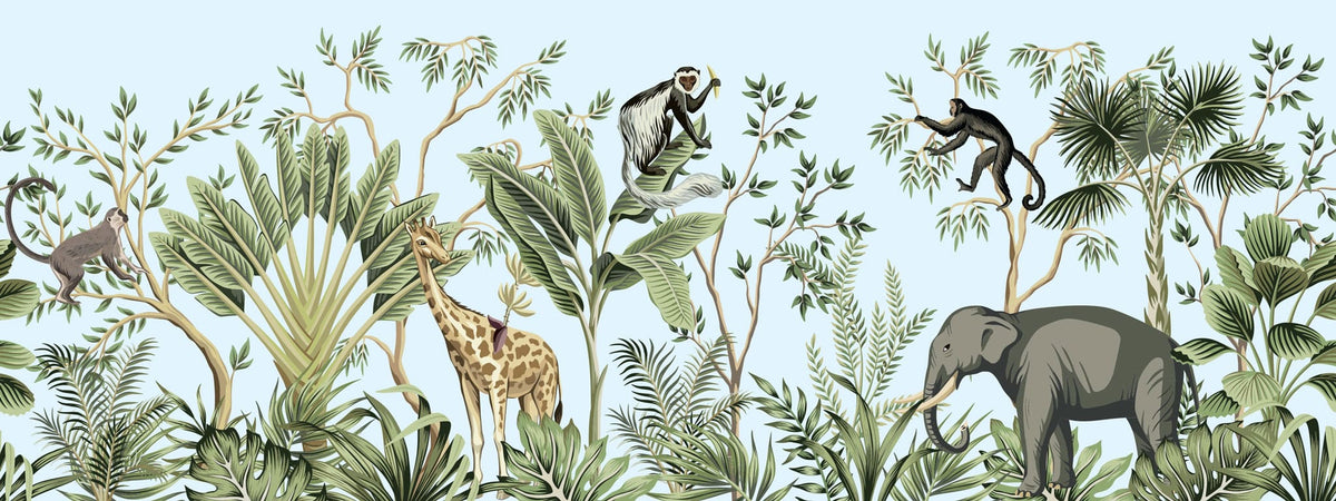 Tapet personalizat jungla amazoniana pentru copii cu plante tropicale si animale exotice printre care zebre leoparzi papagali colorati maimute flamingo exotic amazon