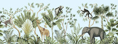 Tapet personalizat jungla amazoniana cu pentru copii palmieri bananieri plante tropicale si animale exotice printre care zebre leoparzi elefanti maimute jungle landscape