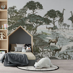 Tapet personalizat jungla amazoniana cu pentru copii palmieri bananieri plante tropicale si animale exotice printre care zebre leoparzi elefanti maimute jungle landscape