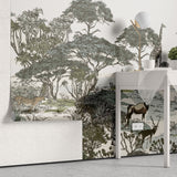 Tapet personalizat jungla amazoniana cu pentru copii palmieri bananieri plante tropicale si animale exotice printre care zebre leoparzi elefanti maimute jungle landscape
