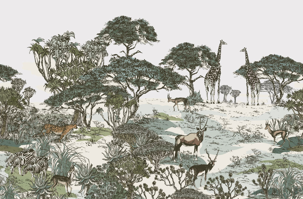 Tapet personalizat jungla amazoniana cu pentru copii palmieri bananieri plante tropicale si animale exotice printre care zebre leoparzi elefanti maimute jungle landscape