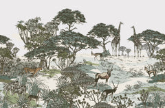 Tapet personalizat jungla amazoniana cu pentru copii palmieri bananieri plante tropicale si animale exotice printre care zebre leoparzi elefanti maimute jungle landscape