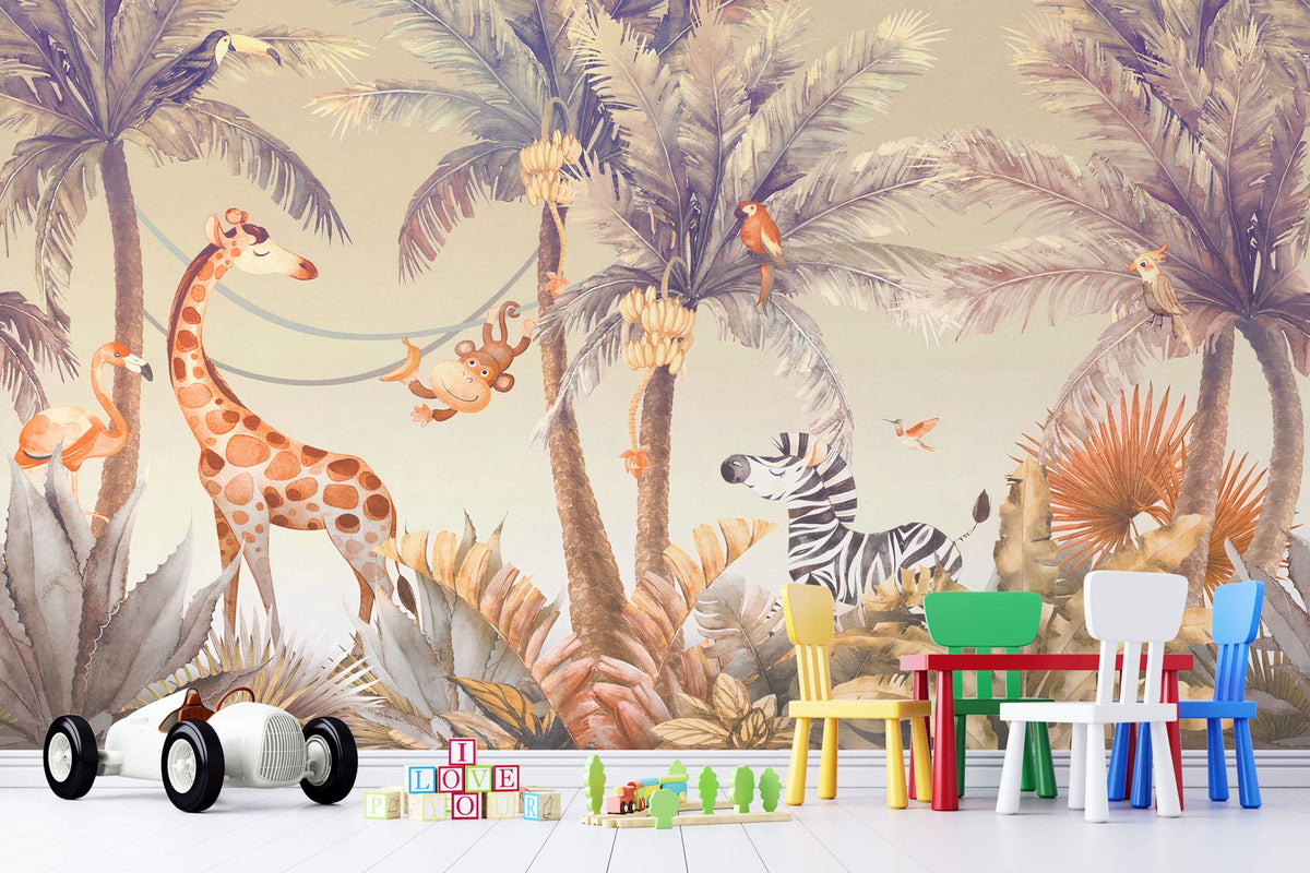 Tapet personalizat jungla amazoniana pentru copii cu palmieri bananieri aurii agave zebre maimute girafe flamingo papagali si pasari tropicale in nuante calde aurii si albastre golden amazon