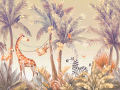 Tapet personalizat jungla amazoniana pentru copii cu palmieri bananieri aurii agave zebre maimute girafe flamingo papagali si pasari tropicale in nuante calde aurii si albastre golden amazon