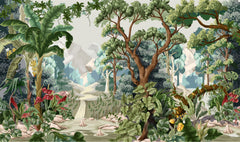 Tapet personalizat jungla amazoniana pentru copii cu peisaj montan si vegetatie tropicala mountain vegetation