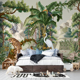 Tapet personalizat jungla amazoniana pentru copii cu peisaj montan si vegetatie tropicala si animale exotice printre care berze tigrii leoparzi si pasari exotice mountain animal vegetation