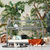 Tapet personalizat jungla amazoniana pentru copii cu peisaj montan si vegetatie tropicala si animale exotice printre care berze tigrii leoparzi si pasari exotice mountain animal vegetation