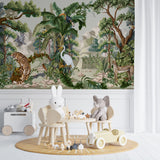 Tapet personalizat jungla amazoniana pentru copii cu peisaj montan si vegetatie tropicala si animale exotice printre care berze tigrii leoparzi si pasari exotice mountain animal vegetation