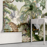 Tapet personalizat jungla amazoniana pentru copii cu peisaj montan si vegetatie tropicala si animale exotice printre care berze tigrii leoparzi si pasari exotice mountain animal vegetation