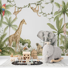 Tapet personalizat jungla amazoniana pentru copii cu vegetatie tropicala si animale exotice printre care girafe maimute papagali elefanti amazonian family