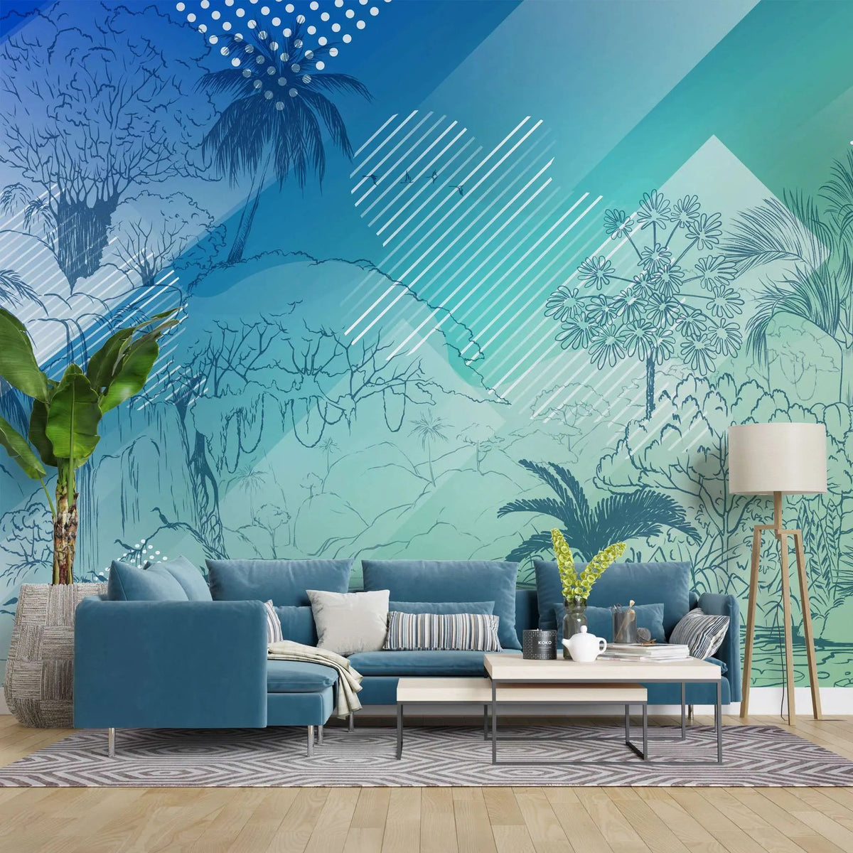 Tapet personalizat jungla amazoniana pentru copii cu elemente abstracte din jungla in stil de ilustratie in creion in nuante de albastru blue jungle