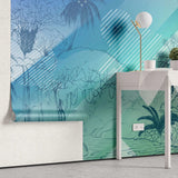 Tapet personalizat jungla amazoniana pentru copii cu elemente abstracte din jungla in stil de ilustratie in creion in nuante de albastru blue jungle