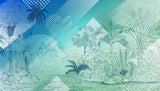 Tapet personalizat jungla amazoniana pentru copii cu elemente abstracte din jungla in stil de ilustratie in creion in nuante de albastru blue jungle