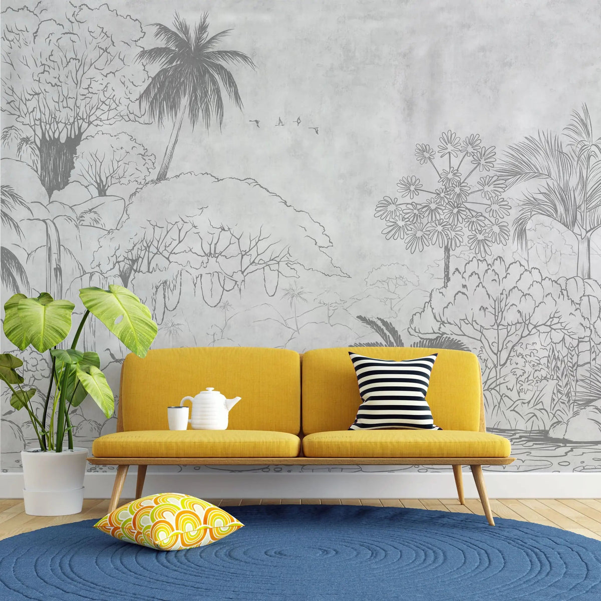 Tapet personalizat jungla amazoniana pentru copii cu elemente din jungla in stil de ilustratie in creion in nuante de gri sketch jungle grey
