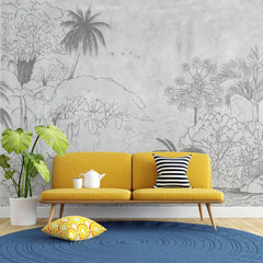 Tapet personalizat jungla amazoniana pentru copii cu elemente din jungla in stil de ilustratie in creion in nuante de gri sketch jungle grey