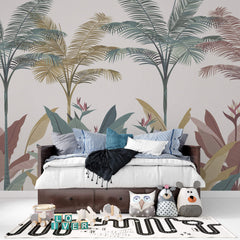 Tapet Personalizat Jungla Amazoniana cu palmieri tropicali in nuante pastel - PASTEL JUNGLE