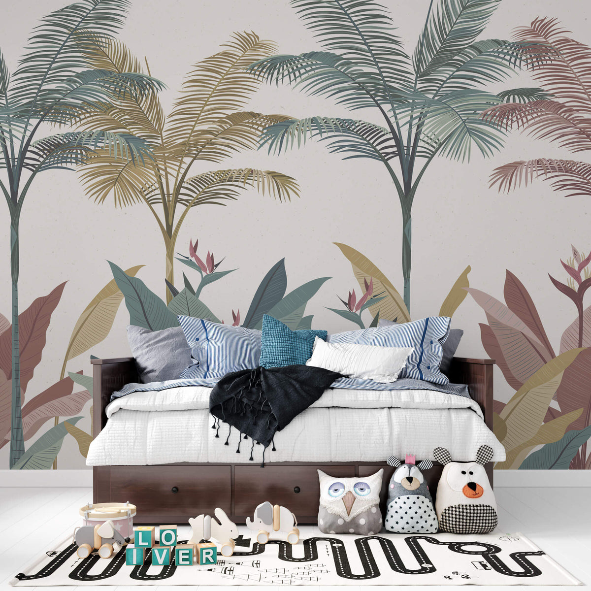 Tapet Personalizat Jungla Amazoniana cu palmieri tropicali in nuante pastel - PASTEL JUNGLE