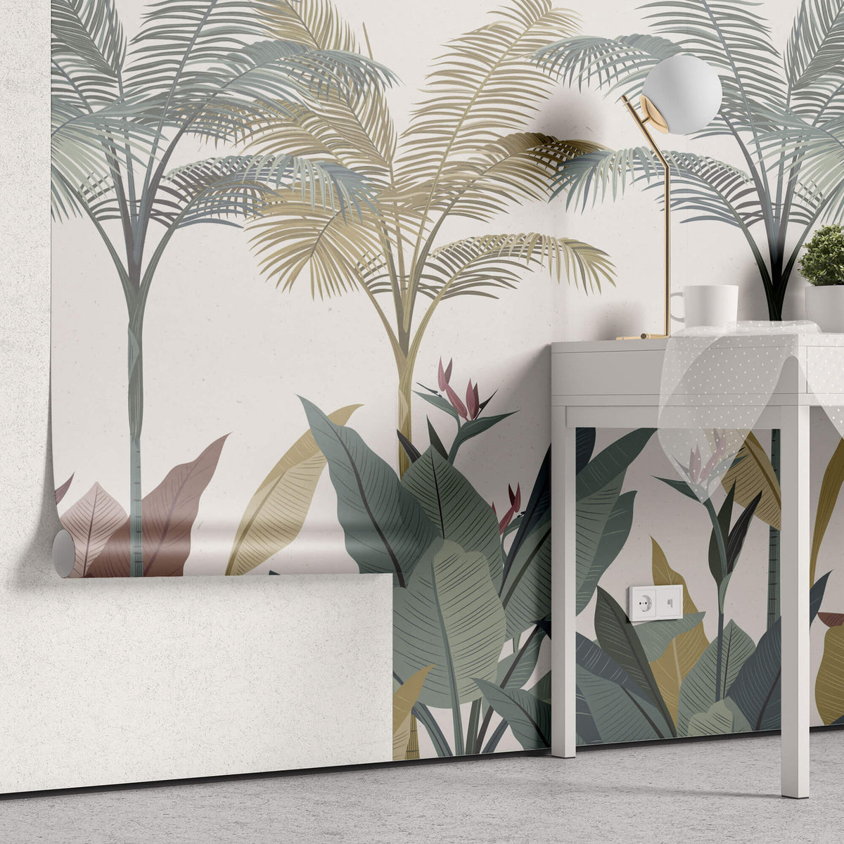Tapet Personalizat Jungla Amazoniana cu palmieri tropicali in nuante pastel - PASTEL JUNGLE