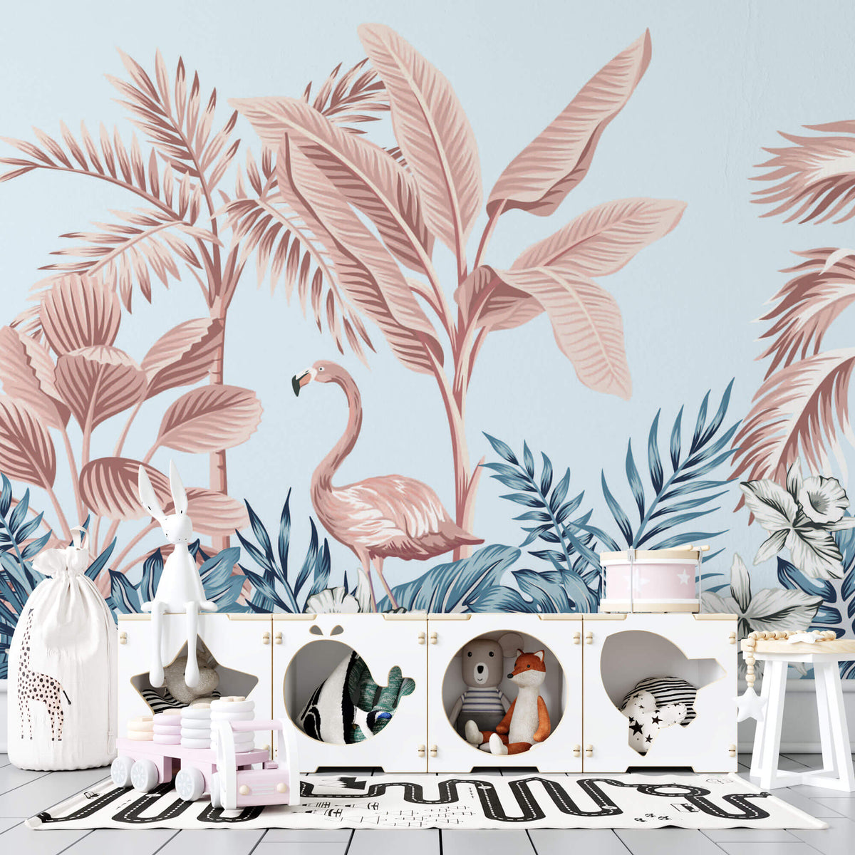 Tapet Personalizat Jungla Amazoniana cu palmieri si flamingo roz - PINK FLAMINGO LEAVES