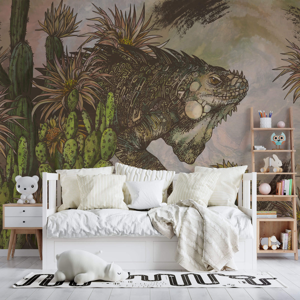 Tapet Personalizat Jungla Amazoniana cu reptila si cactusi in nuante de maro si verde - CACTUS LIZARD