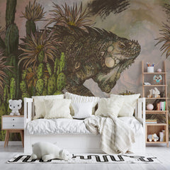 Tapet Personalizat Jungla Amazoniana cu reptila si cactusi in nuante de maro si verde - CACTUS LIZARD