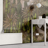 Tapet Personalizat Jungla Amazoniana cu reptila si cactusi in nuante de maro si verde - CACTUS LIZARD