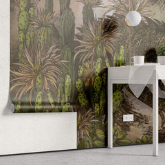 Tapet Personalizat Jungla Amazoniana cu reptila si cactusi in nuante de maro si verde - CACTUS LIZARD