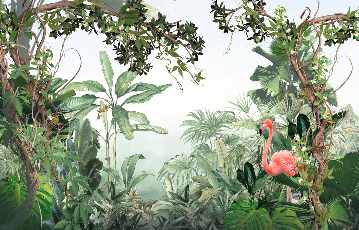 Tapet Personalizat Jungla Amazoniana cu liane vegetatie tropicala si flamingo roz - SURPRISE FLAMINGO
