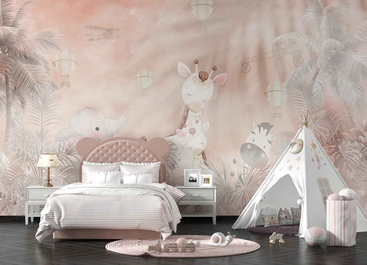 Tapet Personalizat Jungla Amazoniana cu jungla si girafe in nuante de roz - DUSTY PINK GIRAFFE