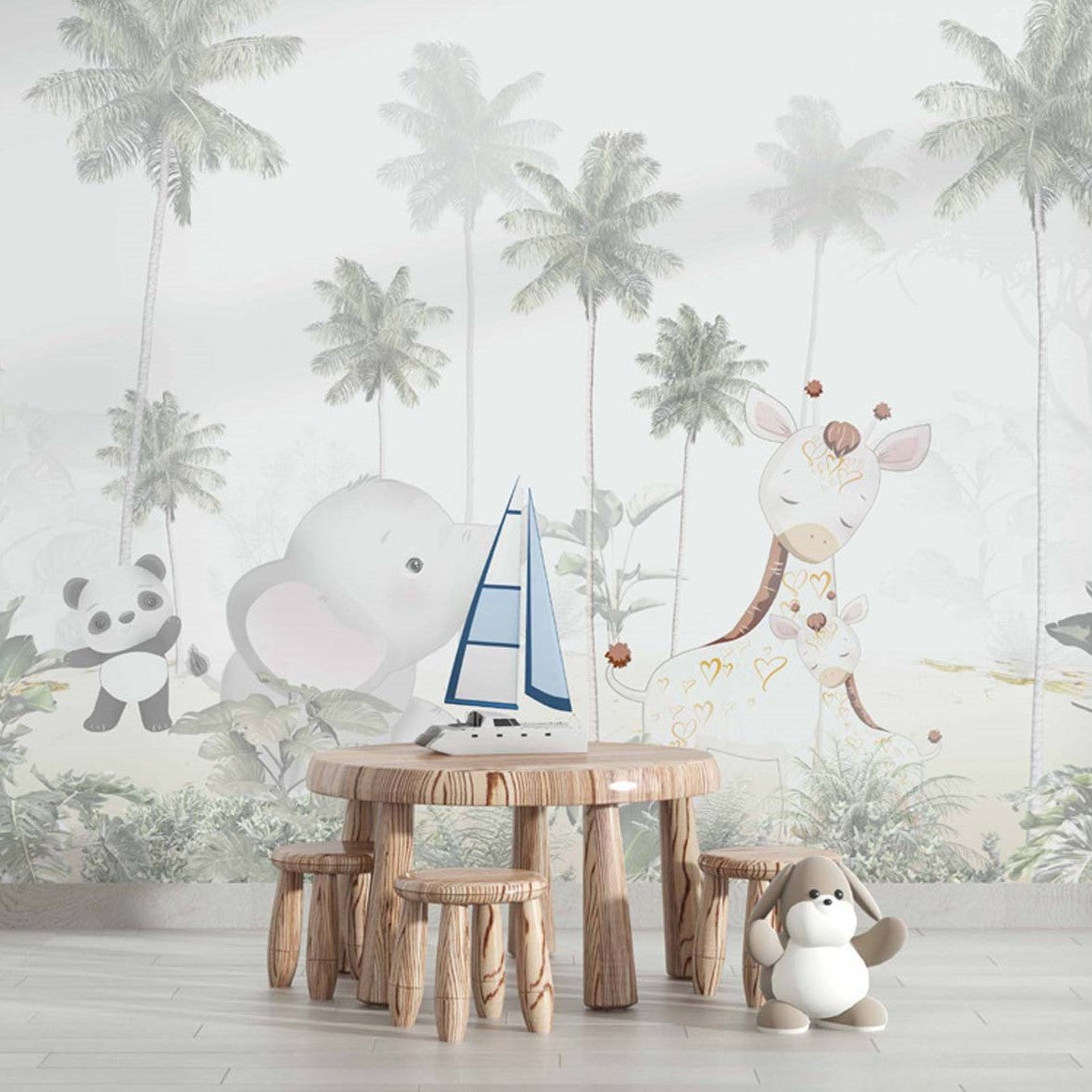 Tapet Personalizat Jungla Amazoniana cu girafa, elefant si panda - GIRAFFE LOVE