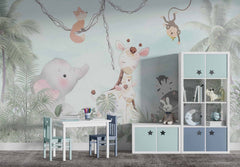 Tapet Personalizat Jungla Amazoniana cu animale exotice printre palmieri si liane - FRIENDLY JUNGLE ANIMALS