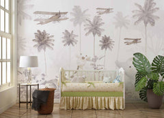 Tapet Personalizat Jungla Amazoniana cu palmieri inalti si avioane - BROWN PLANE JUNGLE