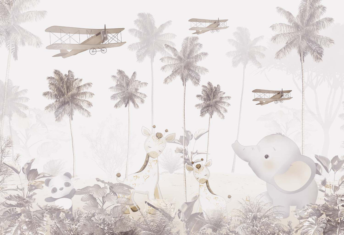 Tapet Personalizat Jungla Amazoniana cu palmieri inalti si avioane - BROWN PLANE JUNGLE