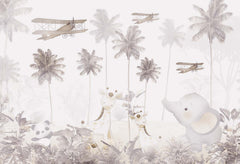 Tapet Personalizat Jungla Amazoniana cu palmieri inalti si avioane - BROWN PLANE JUNGLE