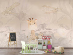 Tapet Personalizat Jungla Amazoniana cu animalute in safari in nuante calde de bej - SAFARI BABY ANIMALS
