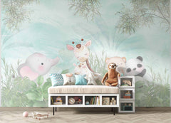Tapet Personalizat Jungla Amazoniana cu vegetatie si animale exotice pe un fundal turcoaz - PASTEL AMAZONIAN FOREST