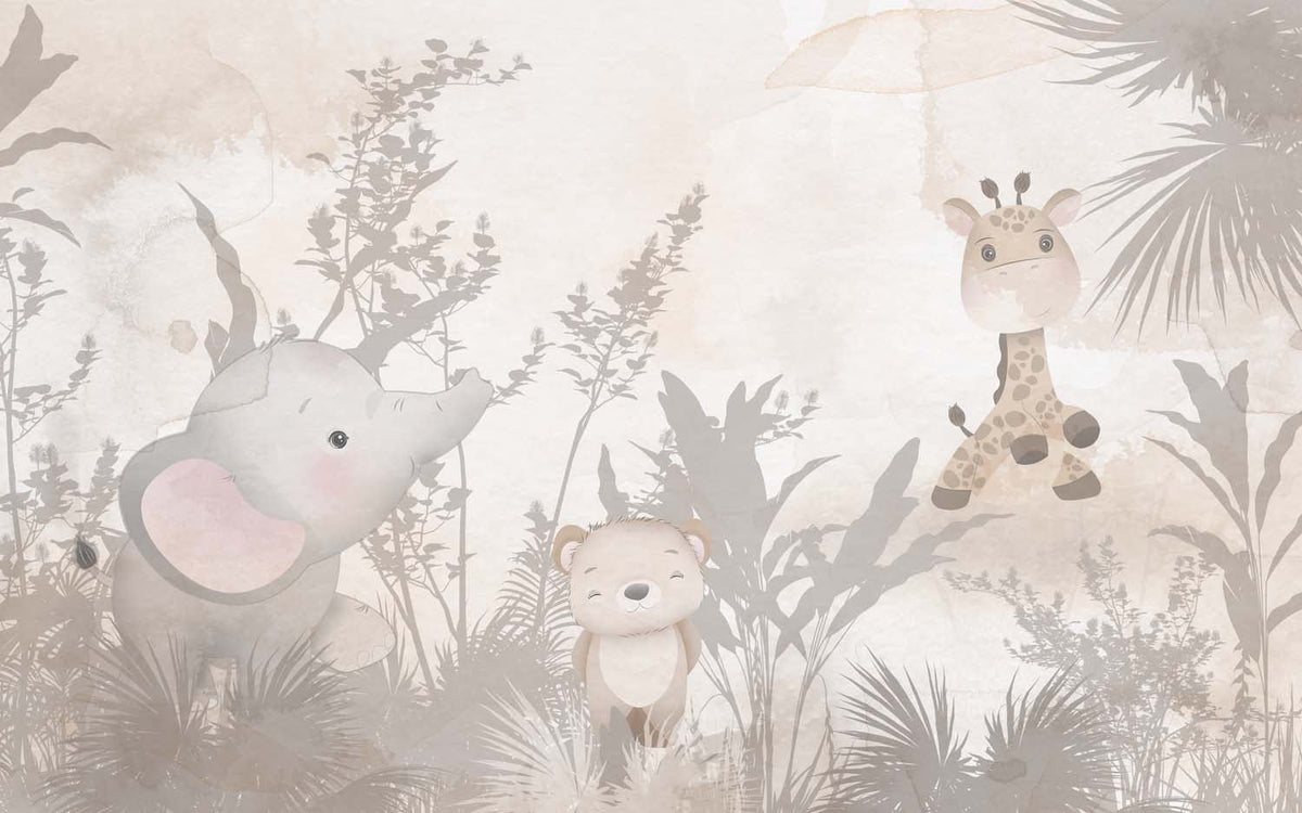 Tapet Personalizat Jungla Amazoniana cu vegetatie tropicala in nuante de bej si fundal watercolor - EXOTIC BEIGE WATERCOLOR