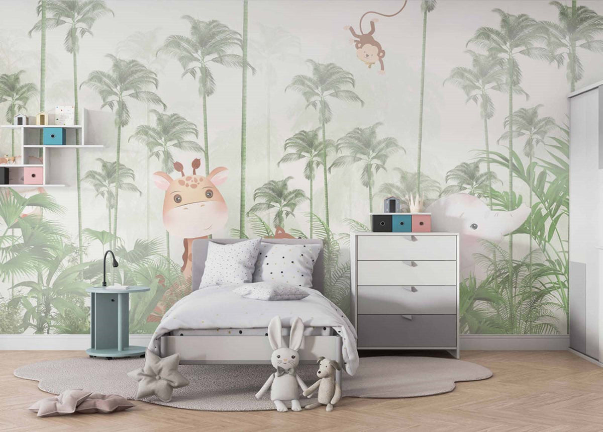Tapet Personalizat Jungla Amazoniana cu padure exotica de palmieri verzi si animalute ascunse in vegetatie  - GREEN FADED AMAZON