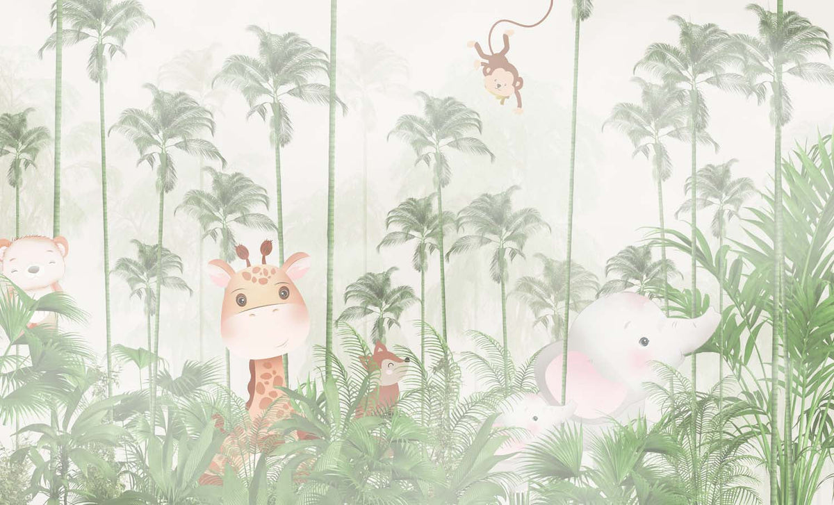 Tapet Personalizat Jungla Amazoniana cu padure exotica de palmieri verzi si animalute ascunse in vegetatie  - GREEN FADED AMAZON