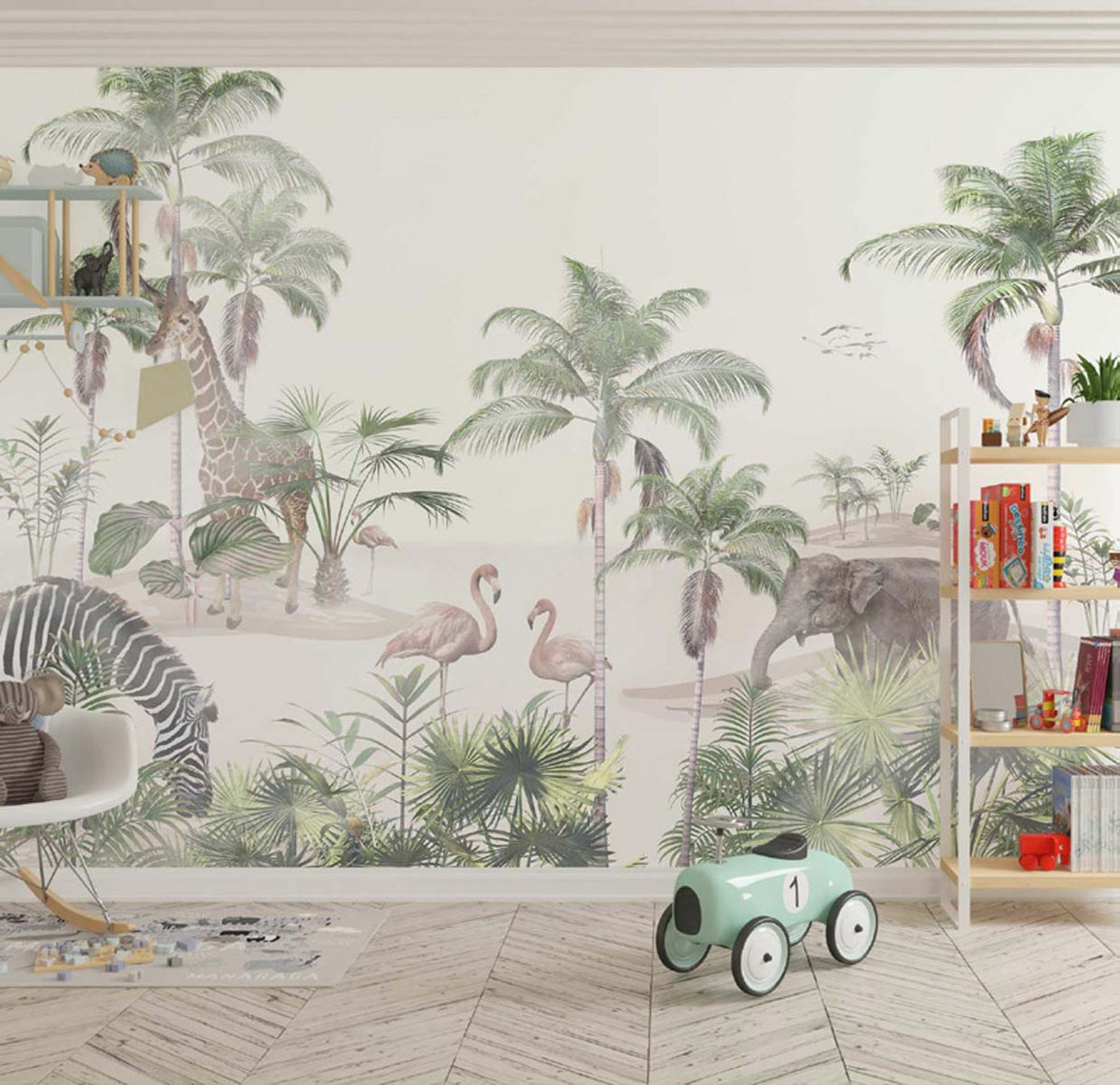 Tapet Personalizat Jungla Amazoniana cu animale in vegetatie desertica si dune de nisip pe un fundal alb - SAND DUNES PALM