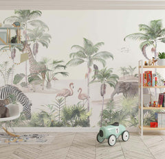 Tapet Personalizat Jungla Amazoniana cu animale in vegetatie desertica si dune de nisip pe un fundal alb - SAND DUNES PALM
