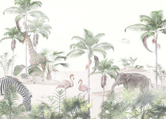 Tapet Personalizat Jungla Amazoniana cu animale in vegetatie desertica si dune de nisip pe un fundal alb - SAND DUNES PALM