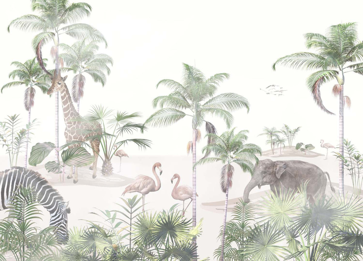 Tapet Personalizat Jungla Amazoniana cu animale in vegetatie desertica si dune de nisip pe un fundal alb - SAND DUNES PALM