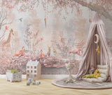 Tapet Personalizat Jungla Amazoniana cu padure in nuante de roz cu flamingo si animale exotice - WARM PINK FOREST