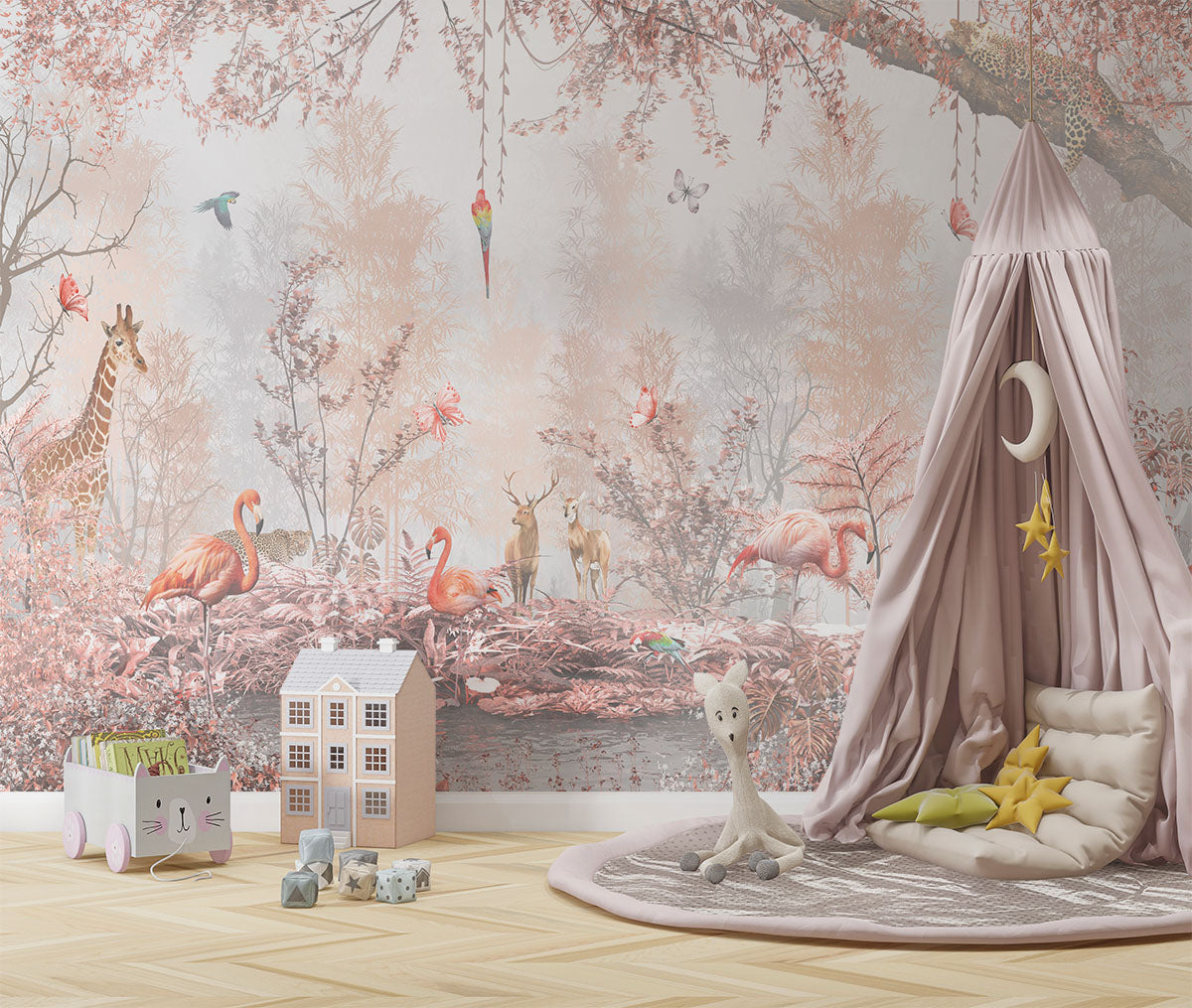 Tapet Personalizat Jungla Amazoniana cu padure in nuante de roz cu flamingo si animale exotice - WARM PINK FOREST