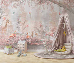 Tapet Personalizat Jungla Amazoniana cu padure in nuante de roz cu flamingo si animale exotice - WARM PINK FOREST