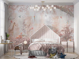 Tapet Personalizat Jungla Amazoniana cu padure in nuante de roz cu flamingo si animale exotice - WARM PINK FOREST