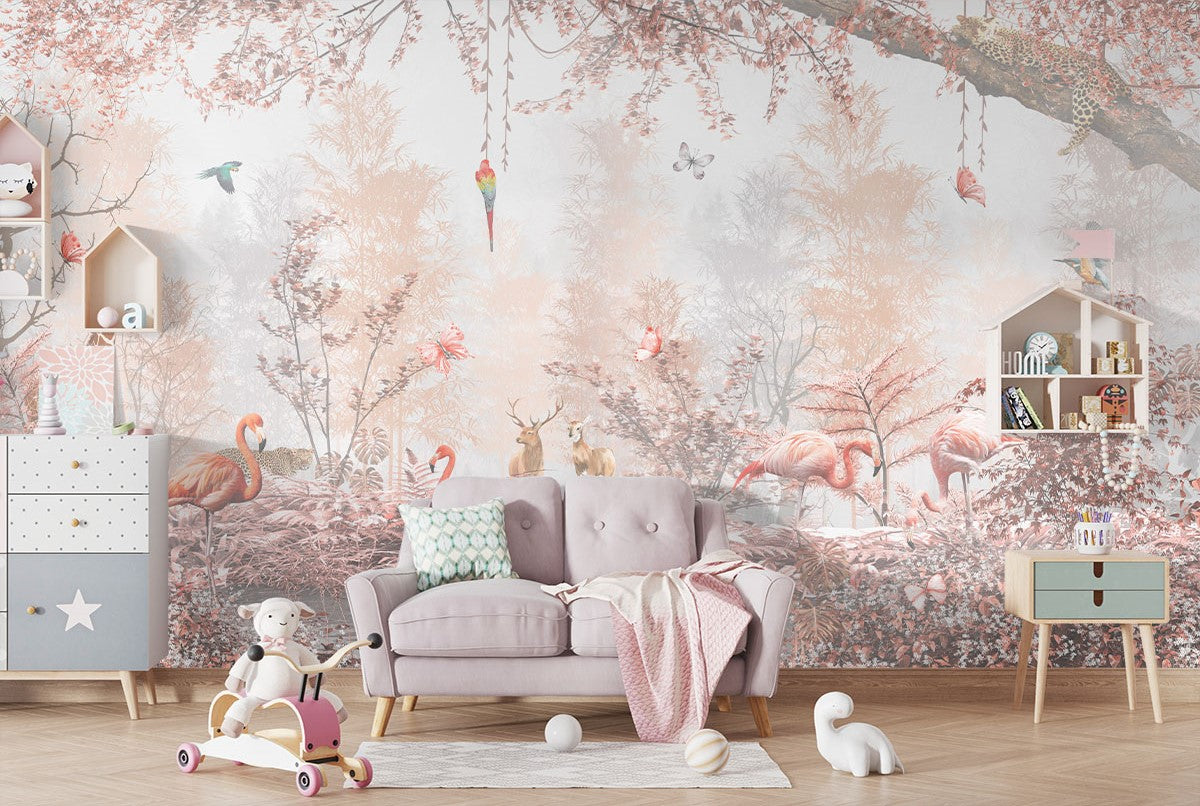 Tapet Personalizat Jungla Amazoniana cu padure in nuante de roz cu flamingo si animale exotice - WARM PINK FOREST